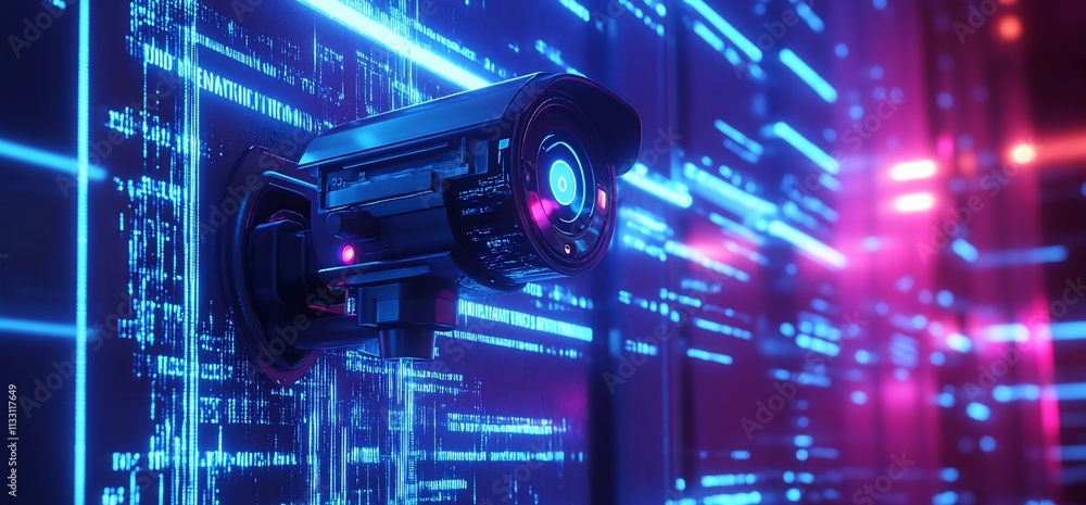 Poster A surveillance camera against a digital backdrop of glowing data streams.