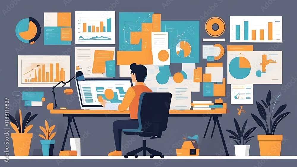 Poster data driven success: a man sits at his desk, surrounded by charts and graphs, analyzing data and dri