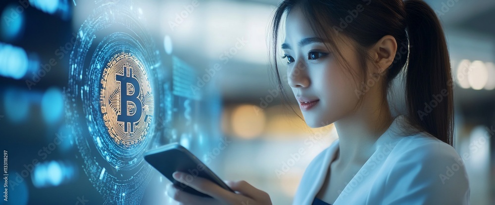 Poster a woman using a smartphone with a digital bitcoin graphic in the background.