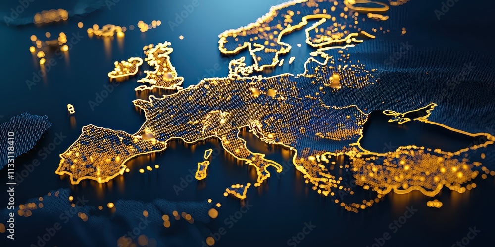 Poster a digital map of europe illuminated with golden lines and points, representing a high-tech, intercon