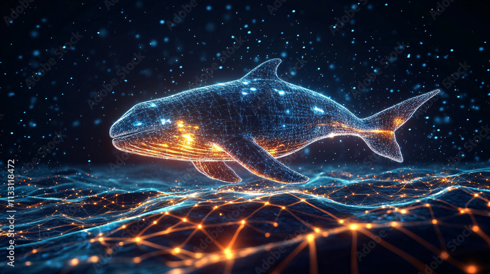 Poster a futuristic ecological monitoring icon linked to a glowing whale, symbolizing online platforms trac