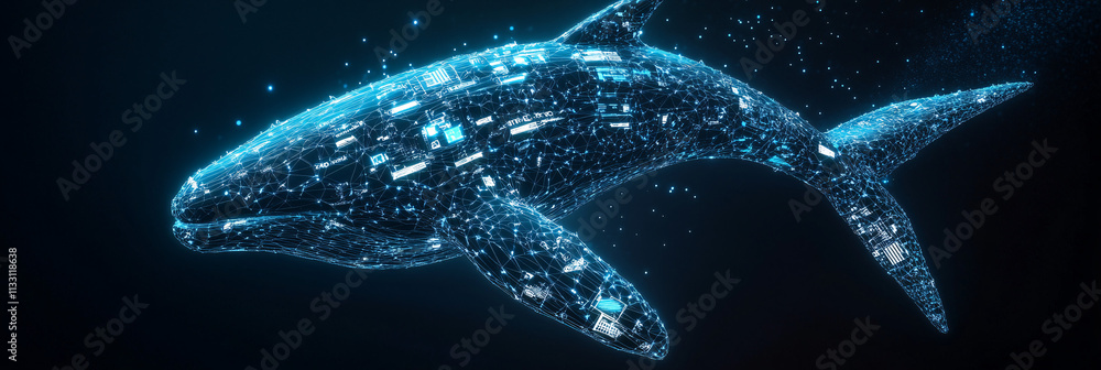 Poster a futuristic ecological monitoring icon linked to a glowing whale, symbolizing online platforms trac