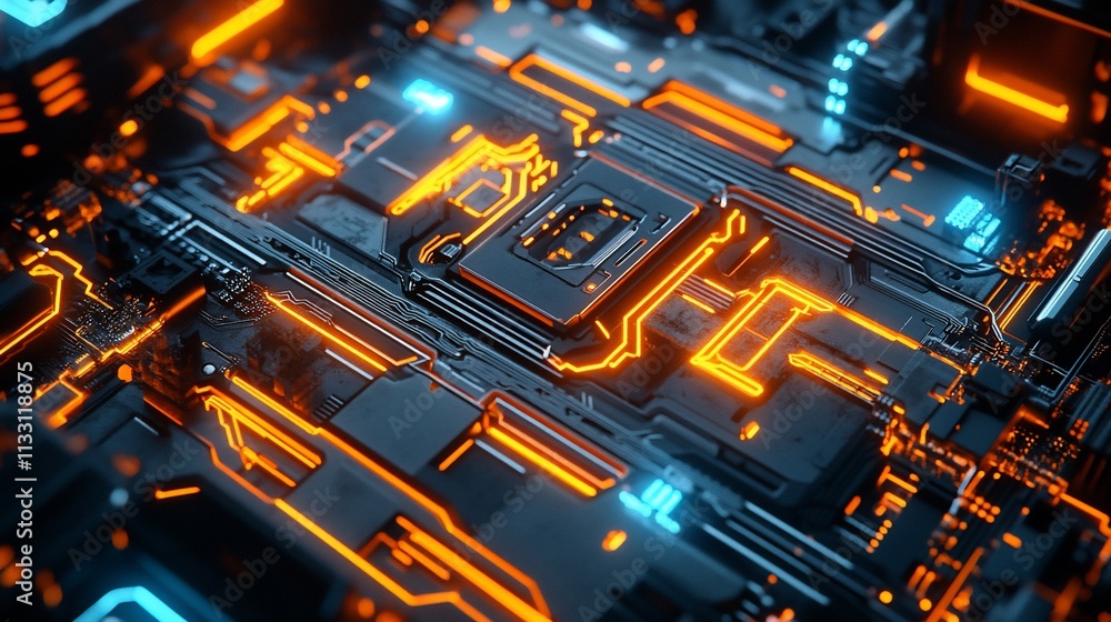 Poster Abstract close-up of a futuristic circuit board with glowing elements.