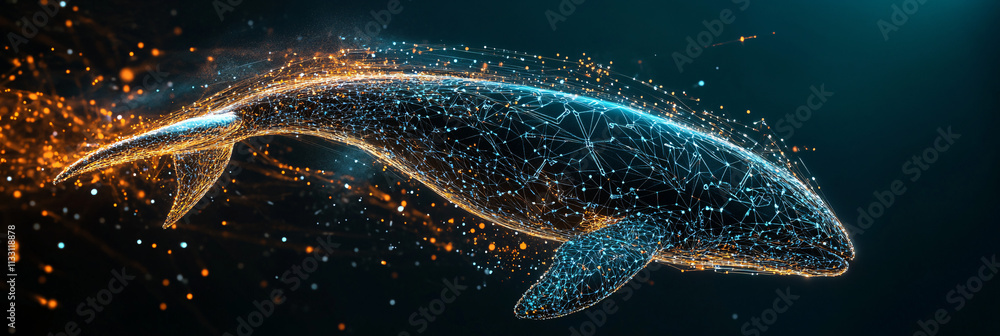 Poster a futuristic ecological monitoring icon linked to a glowing whale, symbolizing online platforms trac