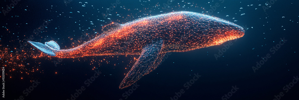 Poster a futuristic ecological monitoring icon linked to a glowing whale, symbolizing online platforms trac