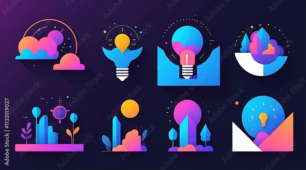 Poster abstract gradient icons: a set of 8 unique and colorful abstract icons featuring lightbulbs, clouds,