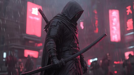 Obraz premium Lone Cyberpunk Warrior in Neon City at Night