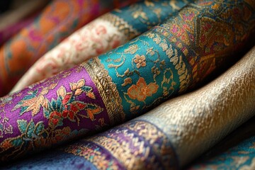 Fototapeta premium Close-up of richly patterned fabrics in vibrant jewel tones, showcasing intricate details and luxurious texture.