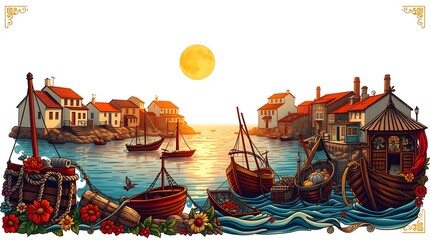Obraz premium Traditional Fishing Boats in a Picturesque Coastal Village - copy space, boats, tourism