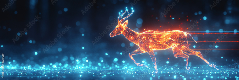 Poster a futuristic endurance running icon linked to a glowing antelope, symbolizing online platforms study