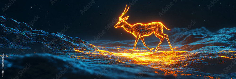 Poster a futuristic endurance running icon linked to a glowing antelope, symbolizing online platforms study