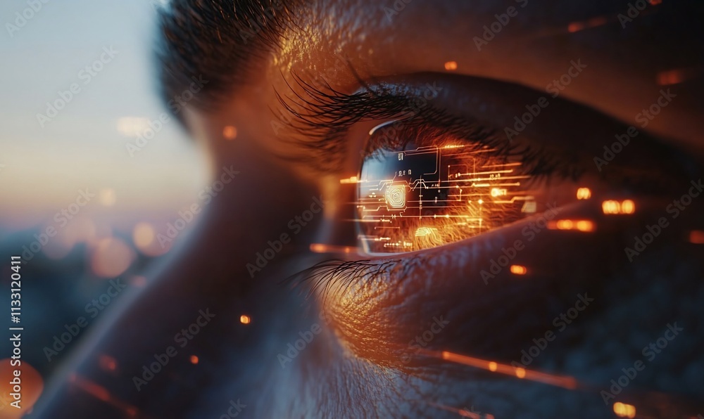 Poster close-up of an eye reflecting digital elements and warm light.