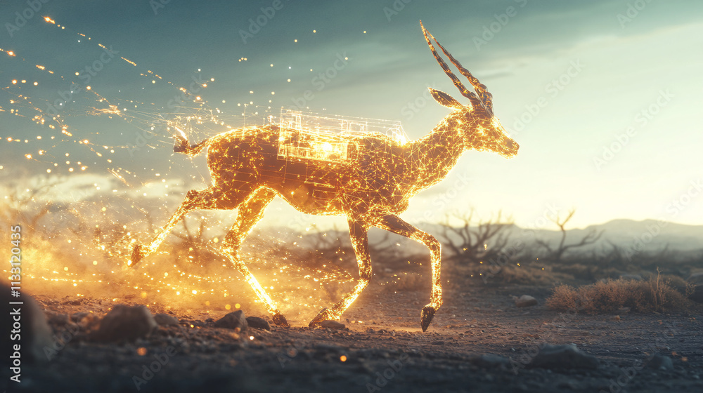 Poster a futuristic endurance running icon linked to a glowing antelope, symbolizing online platforms study