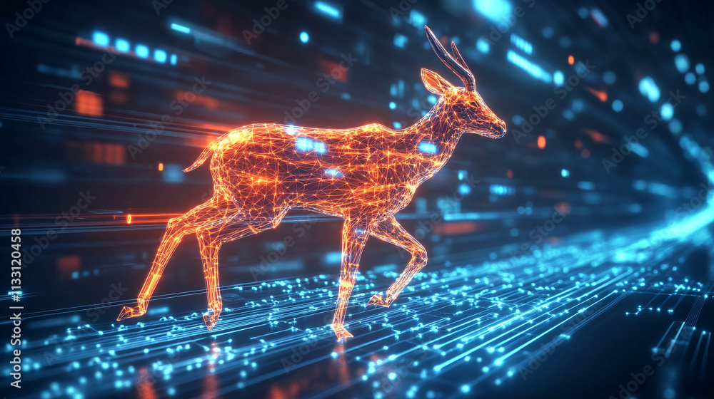 Poster a futuristic endurance running icon linked to a glowing antelope, symbolizing online platforms study