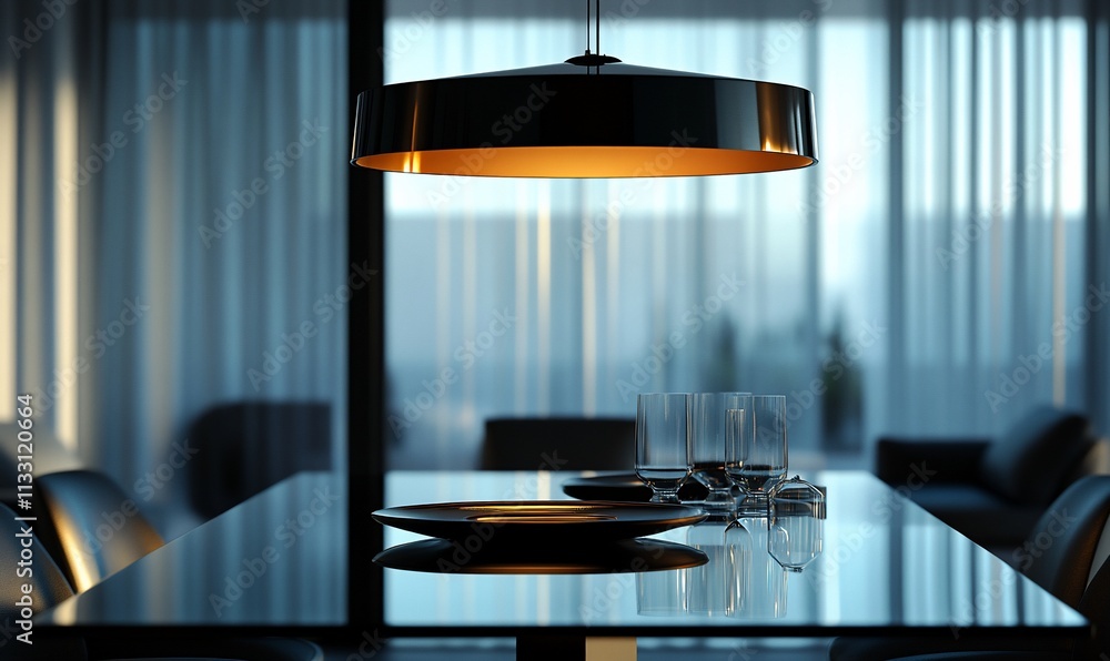 Poster elegant dining setup with a modern lamp and glassware in a serene environment.