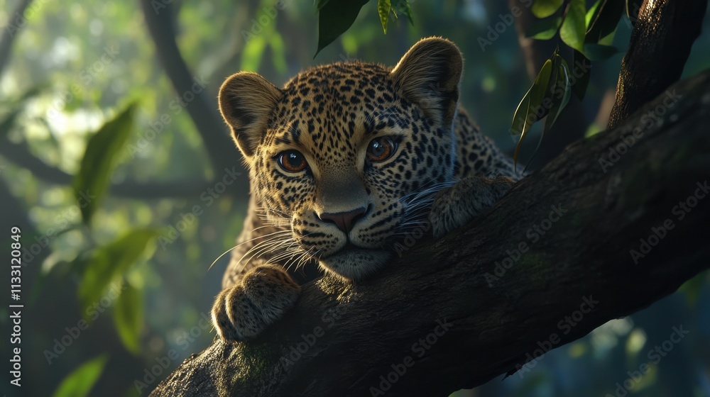 Poster close-up of a leopard resting on a tree branch in lush jungle