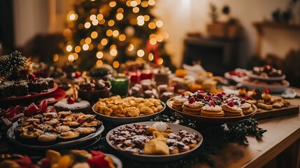 Fototapeta premium food, table, christmas, dinner, meal, salad, restaurant, plate, buffet, dish, tree, party, banquet, lunch, healthy, wedding, decoration, delicious, sweets, fresh, gourmet, room, glass, holiday,generat