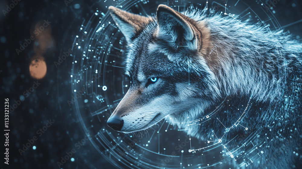 Poster a futuristic environmental monitoring icon linked to a wolf, symbolizing online platforms tracking w