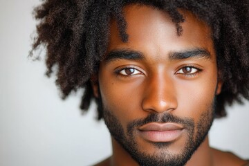 Obraz premium Close-up portrait of a young man with dark skin and a serious expression, showcasing his striking features and full afro.