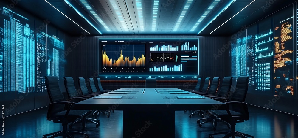 Poster modern conference room with digital displays for data analysis and presentations.