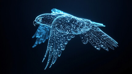 Naklejka premium A futuristic falcon icon glowing with flight data, symbolizing online bird tracking platforms, smart observation tools, and conservation initiatives. 