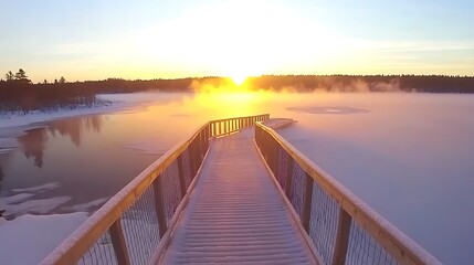 Obraz premium Wooden walkway leading into a foggy lake at sunrise.