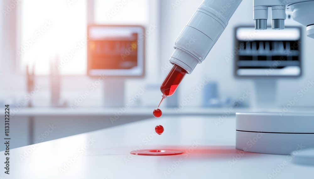 Poster a laboratory scene showing a pipette dropping red liquid onto a surface, with computer monitors in t