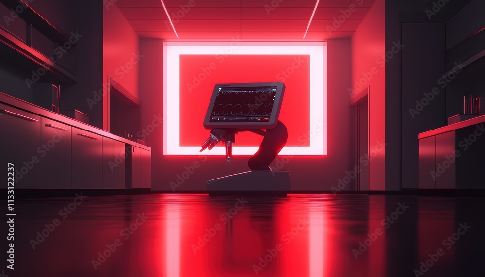 Poster a futuristic room featuring a computer setup illuminated by a striking red neon light, creating a dr