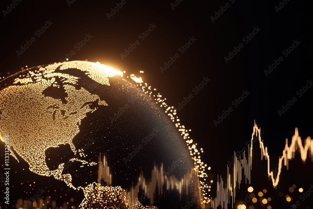 Poster a sparkling golden globe with a wave pattern, symbolizing data and global connections against a dark