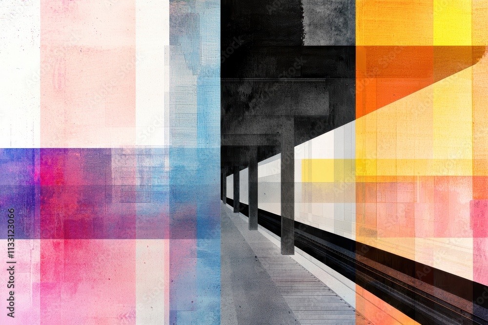 Poster an abstract digital artwork featuring vibrant colors and geometric shapes, creating a sense of depth