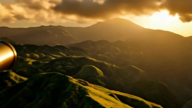 Golden telescope focused on a scenic mountain range during sunset, with warm light highlighting the rolling hills and atmospheric clouds