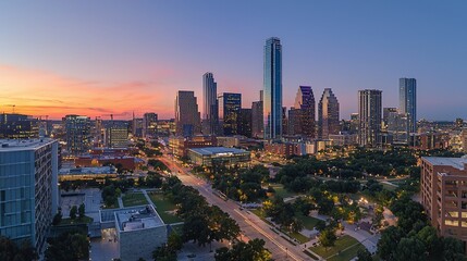 Obraz premium Panoramic sunset view of a city skyline with skyscrapers and a park.
