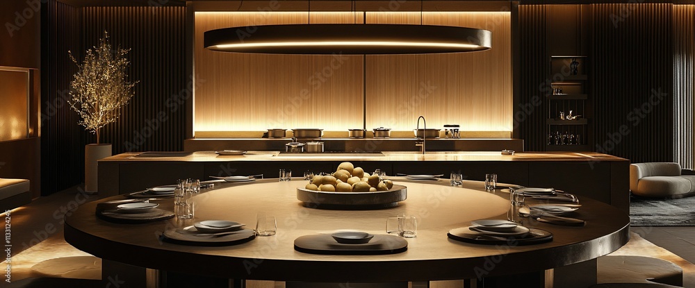 Poster modern kitchen with a circular dining table set for a meal.