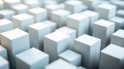 Fototapeta premium Abstract Geometric Pattern: A captivating close-up of a white, minimalist, and orderly arrangement of various sized cubes creates an abstract, clean, and modern design. The muted.