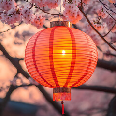 Obraz premium Ornate Red Lantern hanging amidst Cherry Blossoms. A vibrant orange-red paper lantern, with intricate pleated design, hangs from a branch laden with delicate cherry blossoms in soft pink hues.