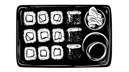 Top view of assorted sushi rolls on a platter with dipping sauce, Food Digital Art