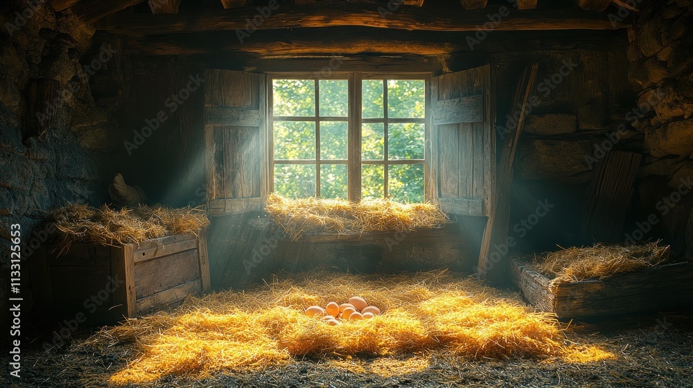 Poster sunbeams illuminate eggs nestled in hay within a rustic barn's window.