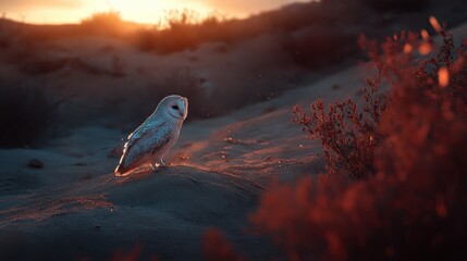 Serene Barn Owl Amidst Desert Flora at Sunset Glow