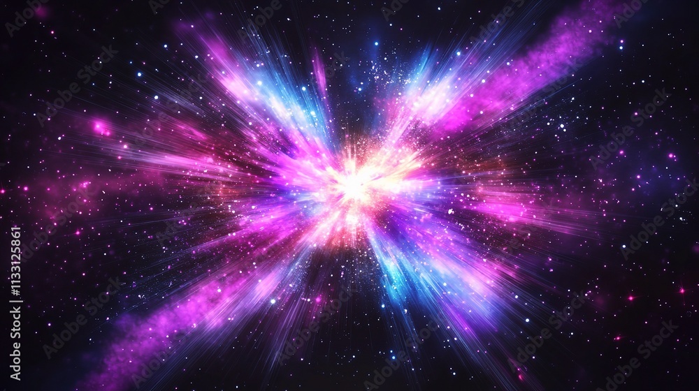 Poster dynamic particle explosion in neon colors on dark background