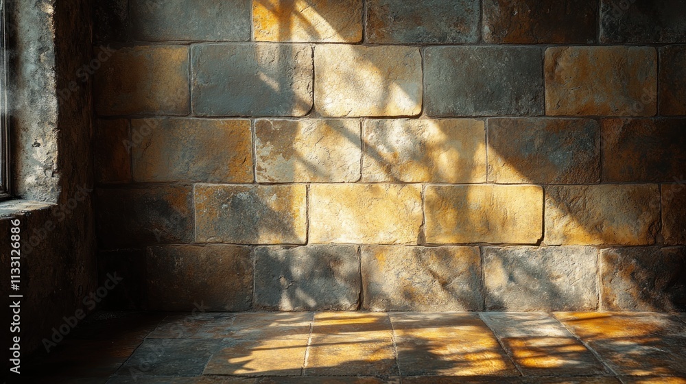 Poster a textured stone wall with shadows and light creating a serene atmosphere.