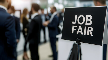 Job fair event signage professional conference center career opportunities networking closeup view