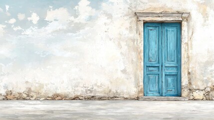 Fototapeta premium A serene image featuring a weathered wall with a vibrant blue door, evoking a sense of tranquility and charm.