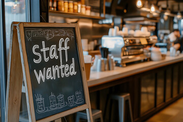 Staff wanted sign outside a takeaway restaurant in urban setting informative chalkboard display