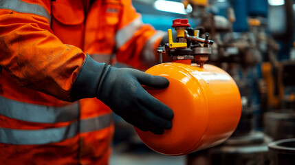 Worker in an orange safety suit holds an orange cylinder with valves indoors. Concept of industrial safety and equipment handling. For safety protocol training
