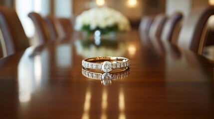 Elegant Gold Ring on Wooden Table in Modern Business Setting