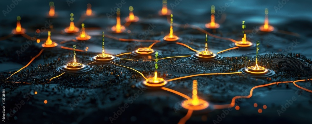 Poster a vibrant digital network visual showcasing interconnected nodes and glowing signals, representing t