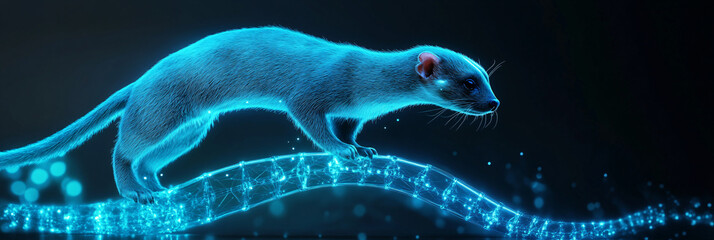 A futuristic genomic editing icon featuring a glowing ferret, symbolizing online platforms researching genetic modifications in animal health.  