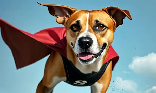 Comic-Hund mit wehendem Umhang fliegt vor blauem Himmel