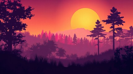 Serene Sunset Over Lush Forest Landscape with Tall Trees