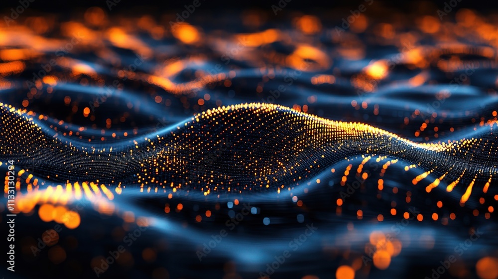 Poster abstract data flow: a mesmerizing digital wave of shimmering particles, captured in vibrant hues of 